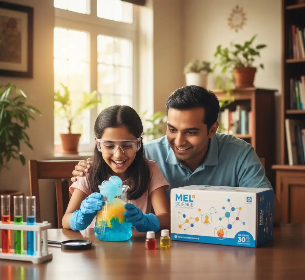 Indian parent and child performing a safe chemistry experiment at home using MEL Chemistry Kit, child wearing safety goggles and learning hands-on science