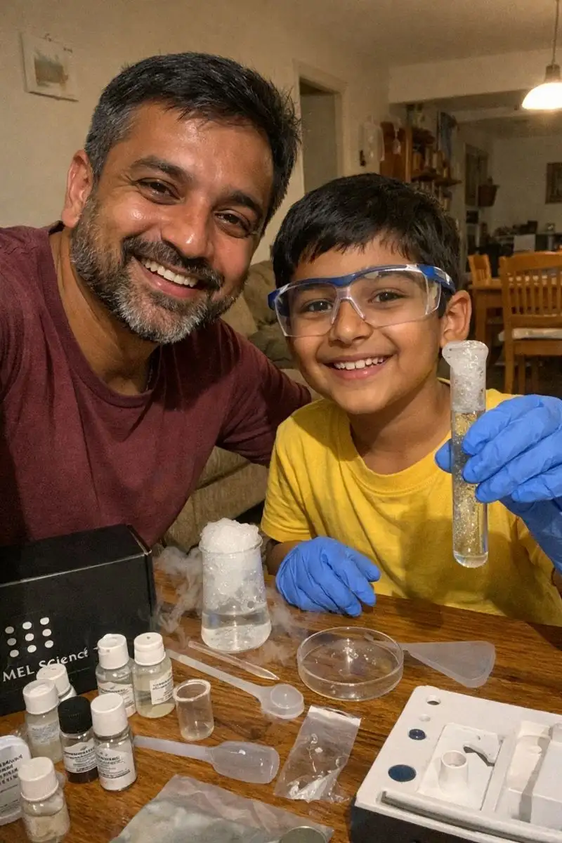 Indian parent and child using MEL Science kit and sharing real learning experience