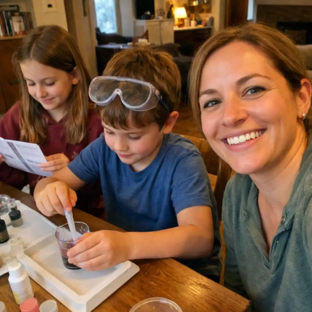 Mother and kids enjoying hands-on science learning with MEL Science kits