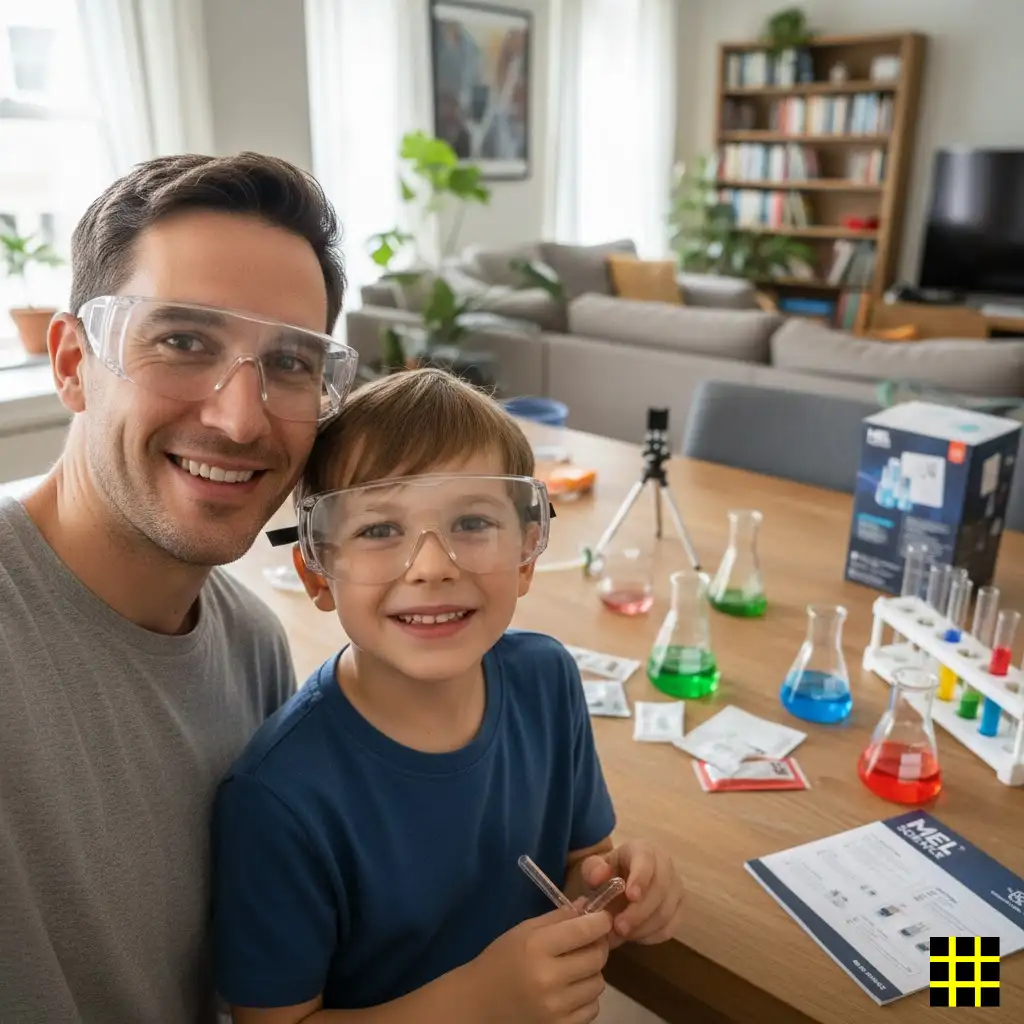 Parent and child sharing a real selfie while using MEL Science experiment kit at home