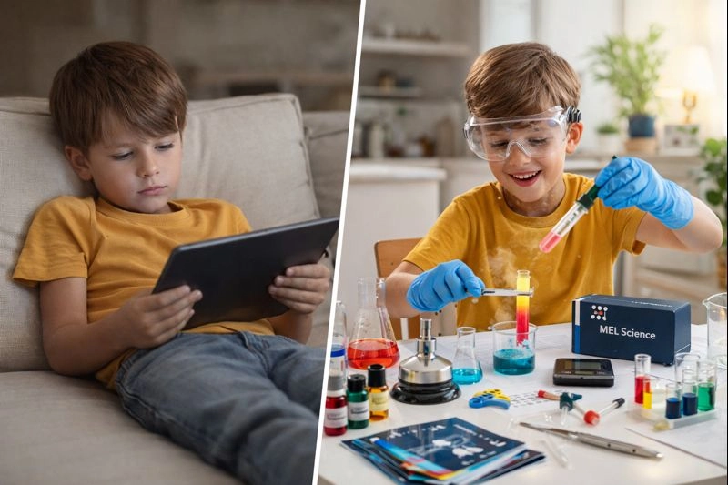 Child excitedly doing science experiment with MEL Science Kit