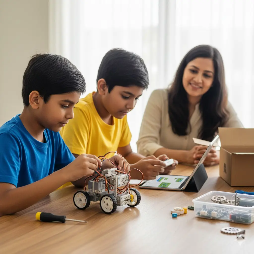 Kids building robotics and engineering projects with MEL STEM Kit