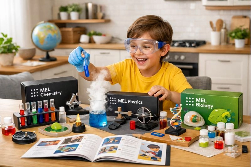 MEL Science Kit components neatly organized and ready for experiments